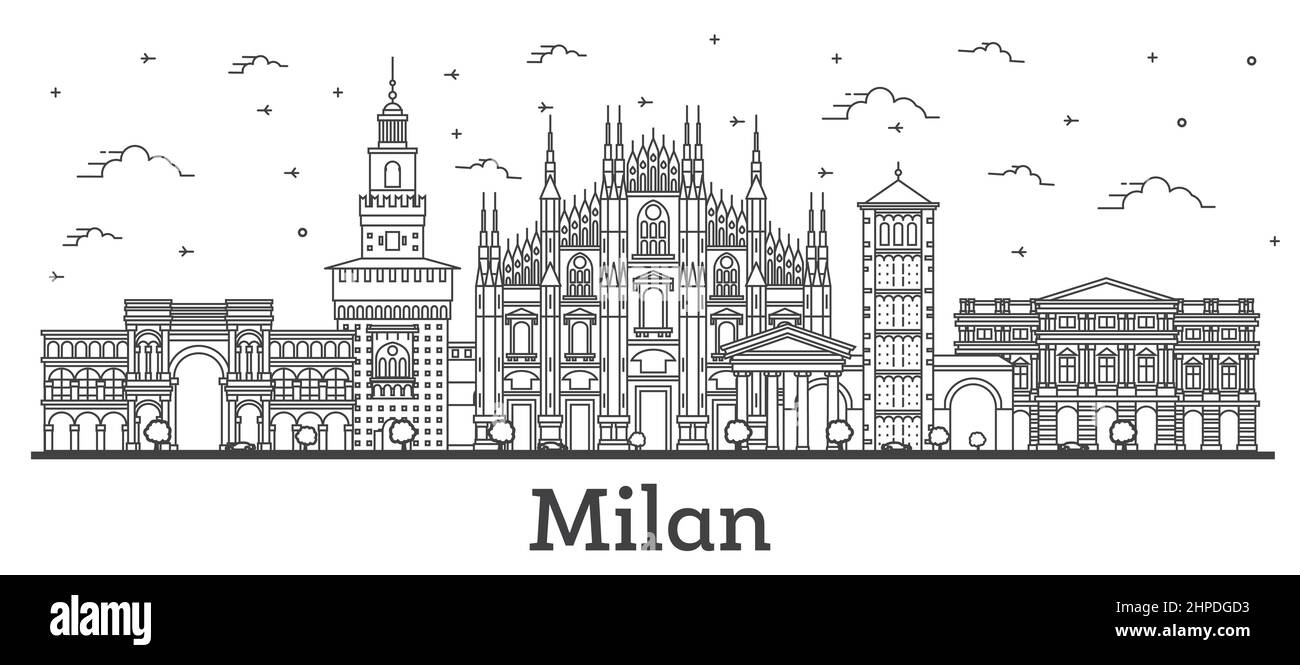 Outline Milan Italy City Skyline with Historic Buildings Isolated on White. Vector Illustration. Milan Cityscape with Landmarks. Stock Vector