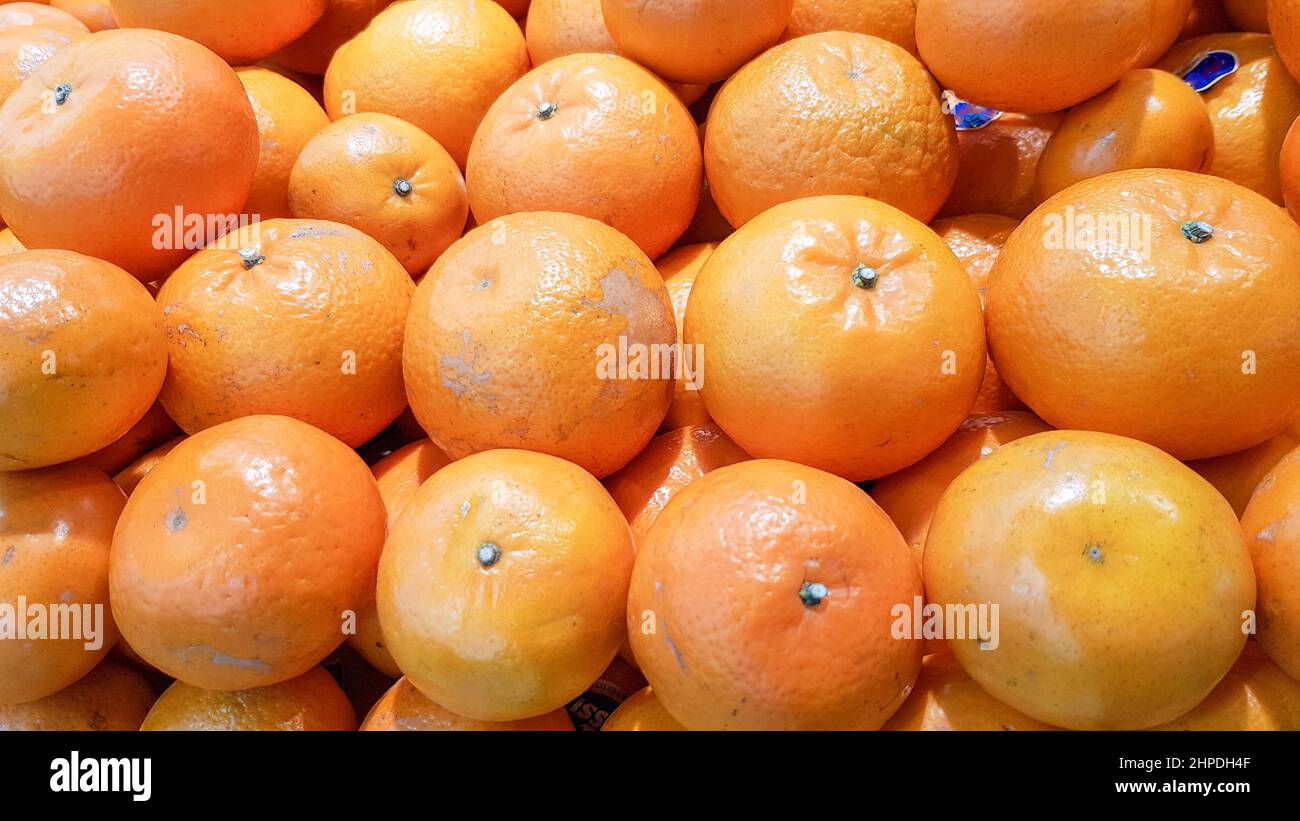 Many oranges are arranged in neat rows for sale. Stock Photo