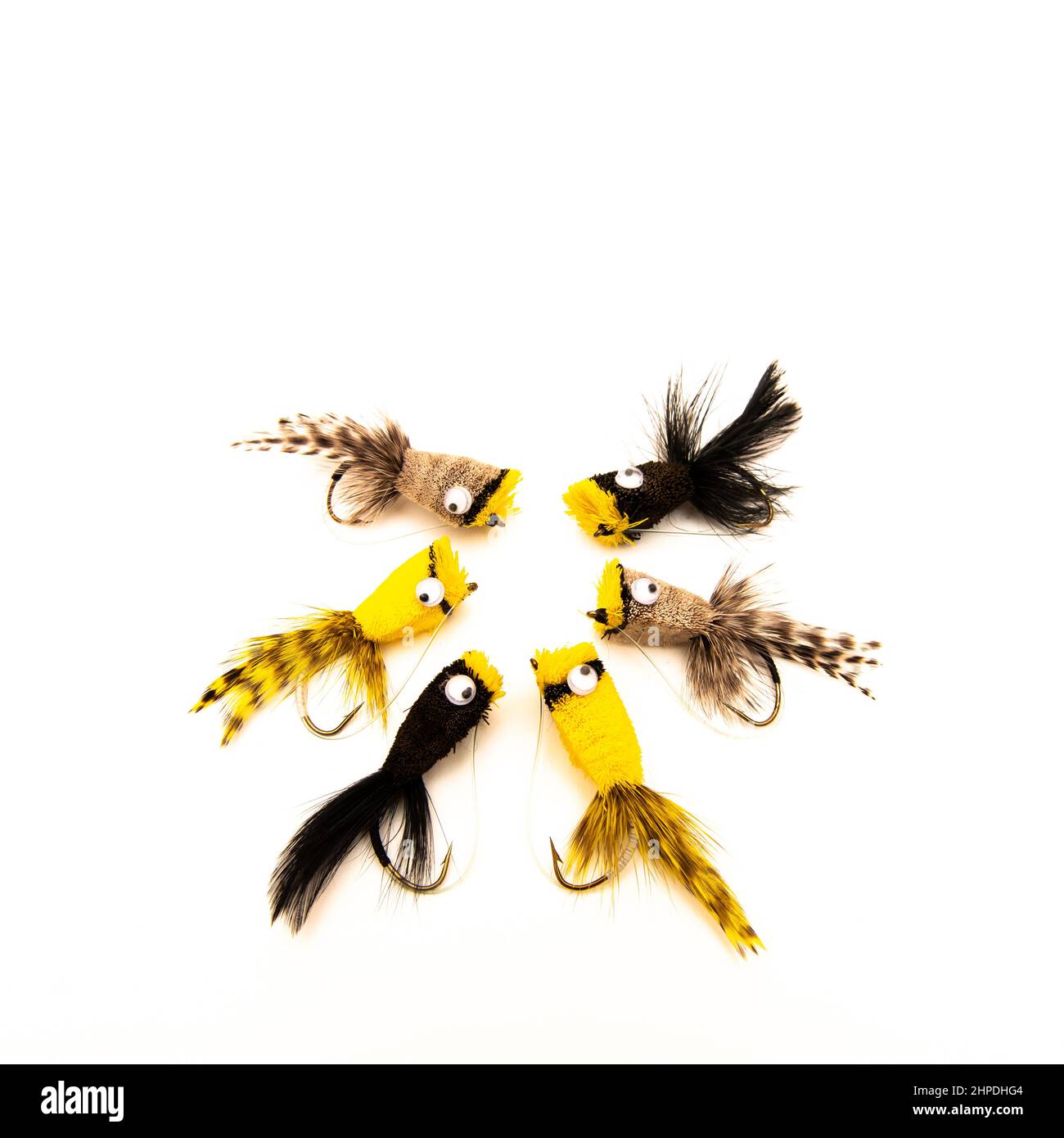 Six natural tan, black and yellow deer hair bass bug popper for fly fishing for bass. Stock Photo