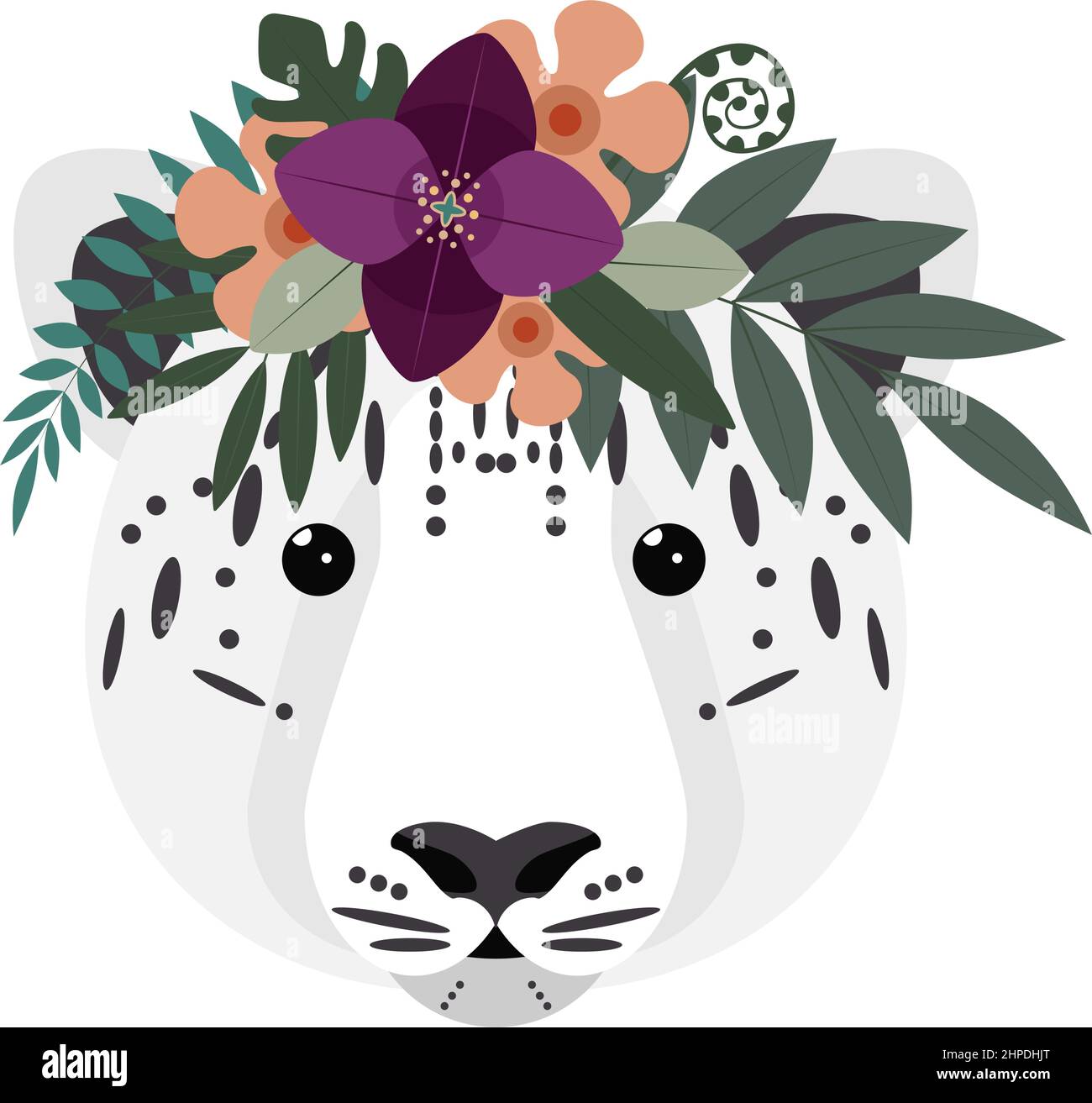 Snow leopard with flower crown. Snow leopard character, flower crown stickers. Stock Vector