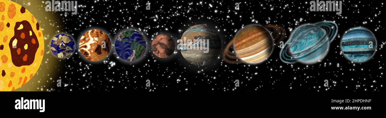 Illustration of the solar system with all the planets on a starry black background Stock Photo