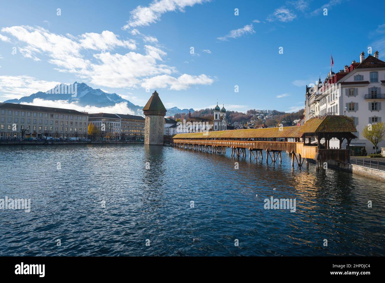 Chapel Bridge (Kapellbrucke) and Reuss River - Lucerne, Switzerland Stock Photo