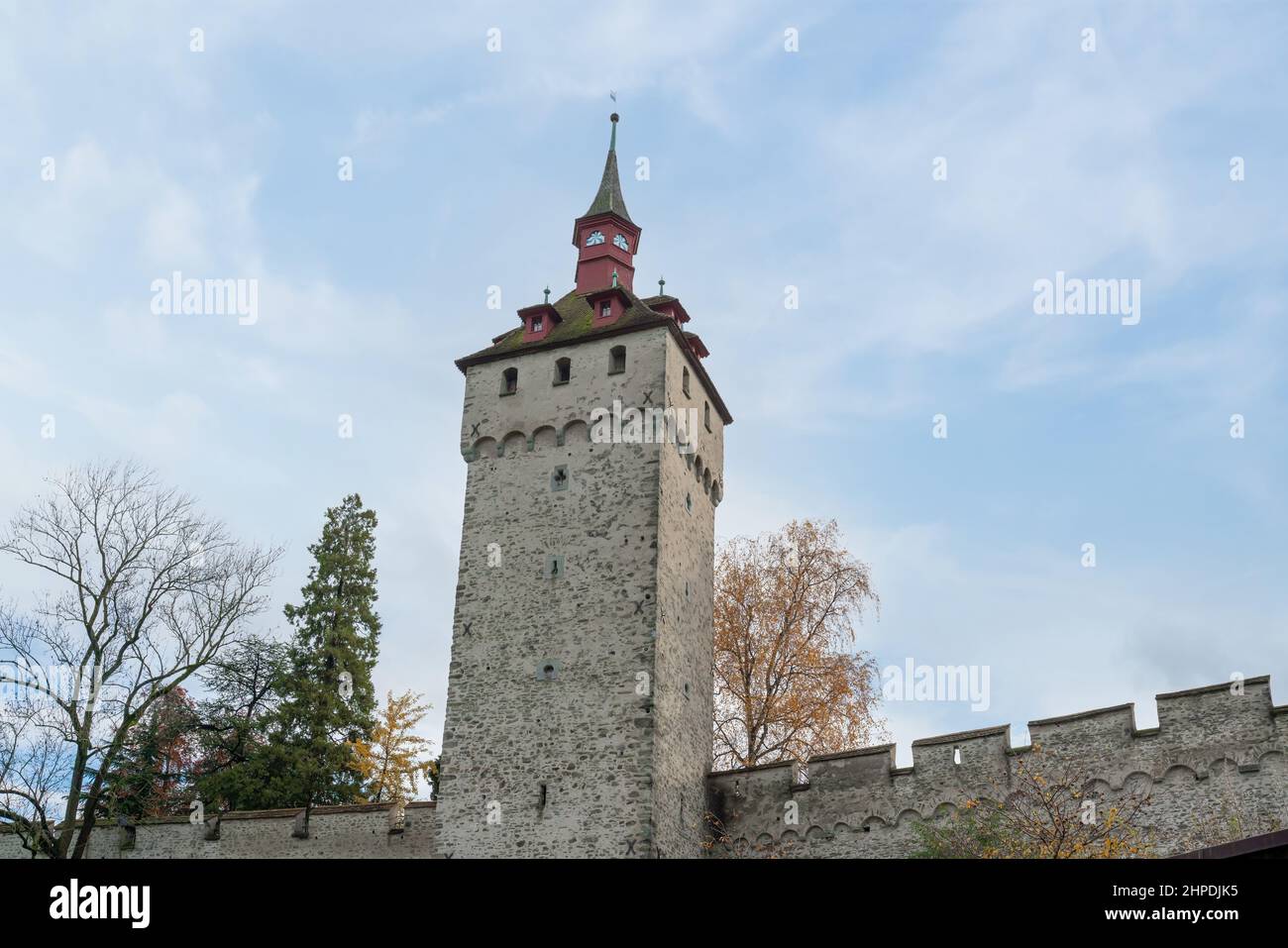 Watchtower or Heu Tower (Wachtturm) at Luzern Musegg Wall (Museggmauer) - Lucerne, Switzerland Stock Photo