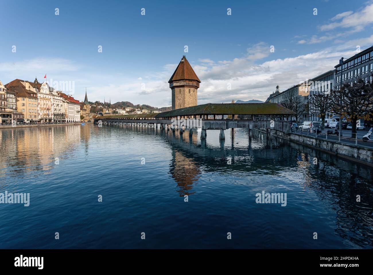Chapel Bridge (Kapellbrucke) and Reuss River - Lucerne, Switzerland Stock Photo