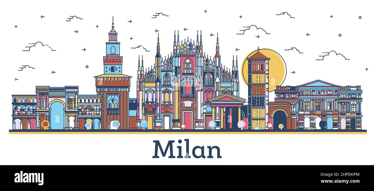Outline Milan Italy City Skyline with Colored Buildings Isolated on White. Vector Illustration. Milan Cityscape with Landmarks. Stock Vector