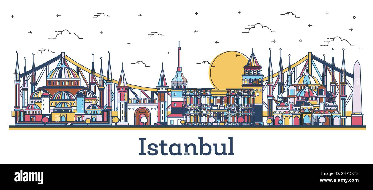 Outline Istanbul Turkey City Skyline with Historic Colored Buildings Isolated on White. Vector Illustration. Istanbul Cityscape with Landmarks. Stock Vector