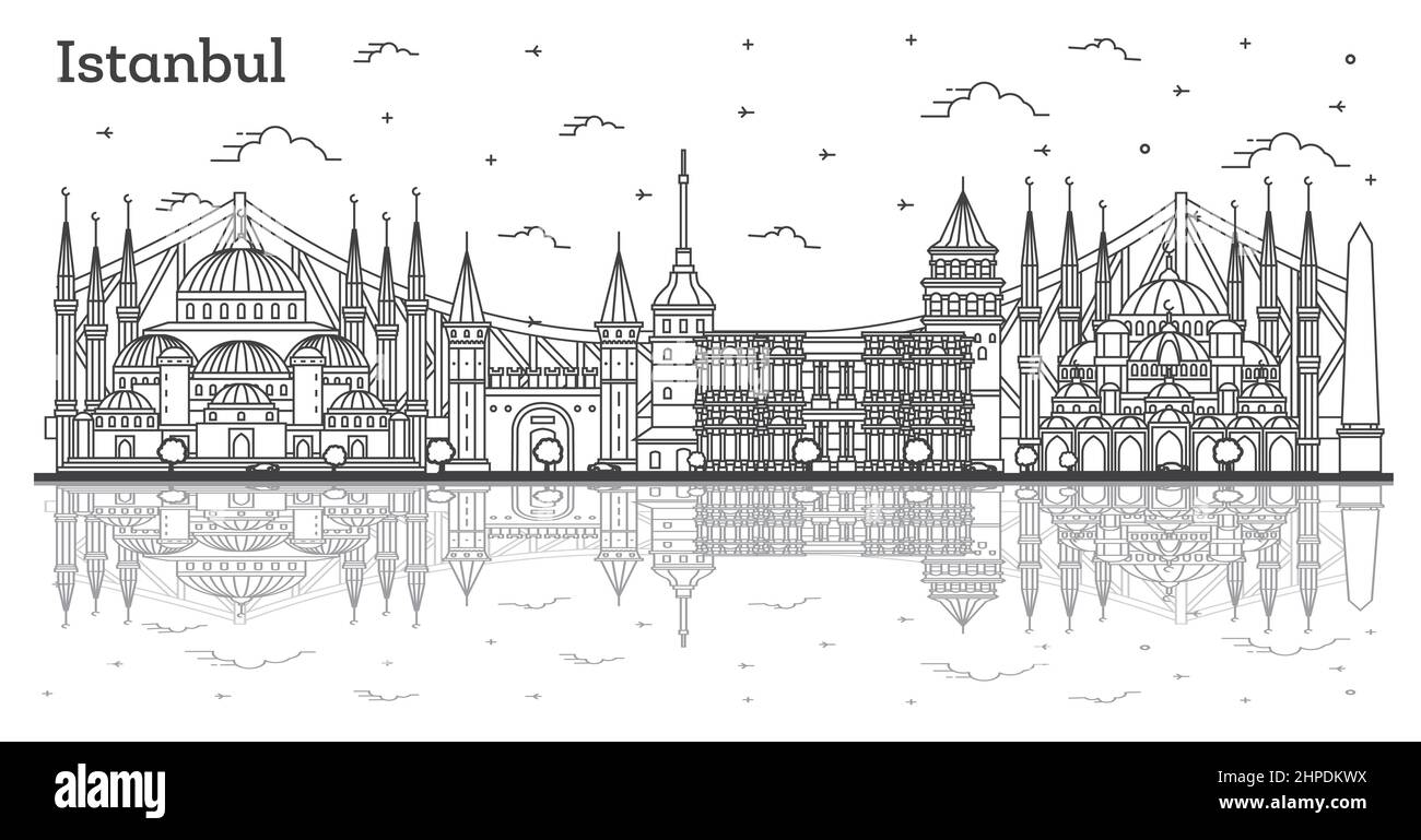 Outline Istanbul Turkey City Skyline with Reflections and Historic Buildings Isolated on White. Vector Illustration. Istanbul Cityscape. Stock Vector