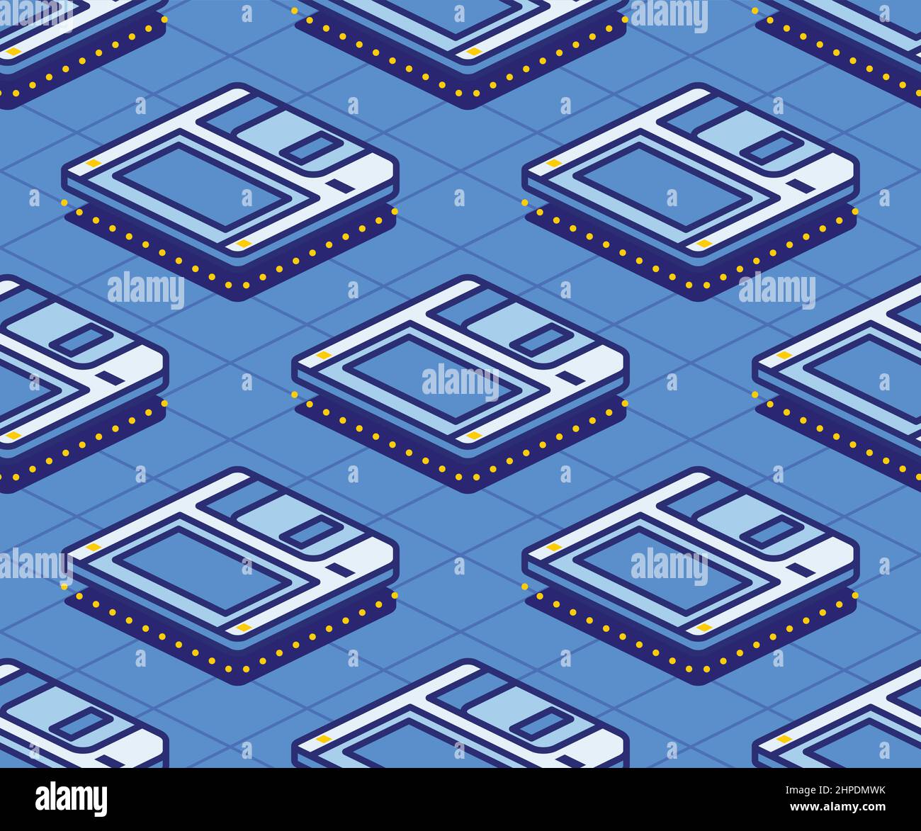 Isometric Floppy Magnetic Disk Seamless Pattern. Vector Illustration. Diskette on Blue Background. Retro Electronic Storage Device. Concept 80s and 90 Stock Vector