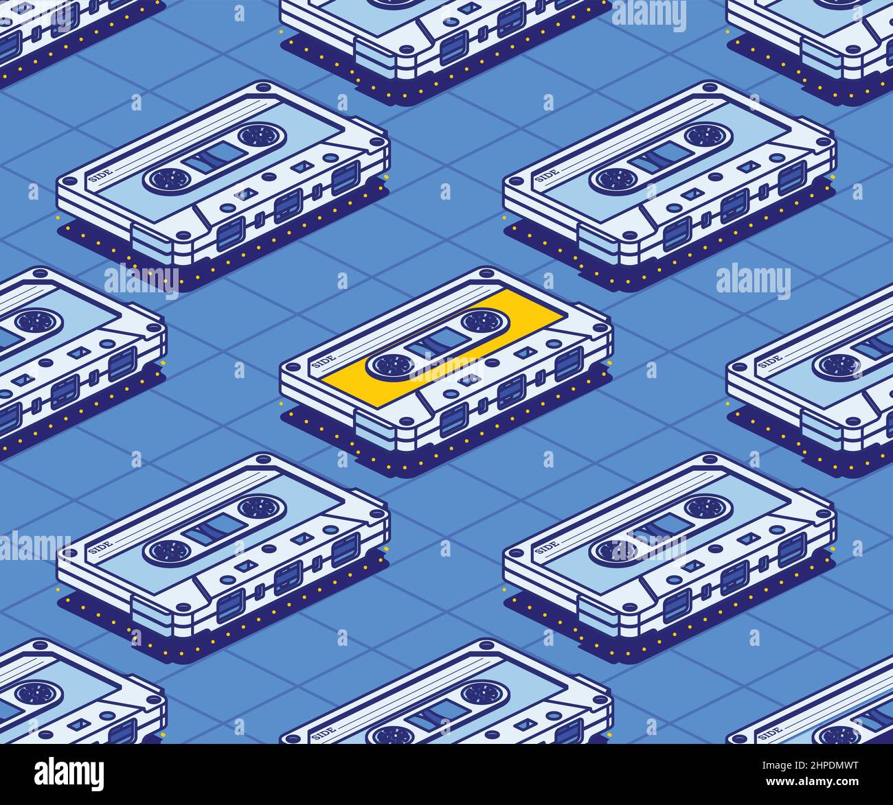 Isometric Audio Cassette Tape Seamless Pattern. Vector Illustration. Outline Music Concept. Retro Electronic Audio Device. Concept 80s and 90s. Stock Vector