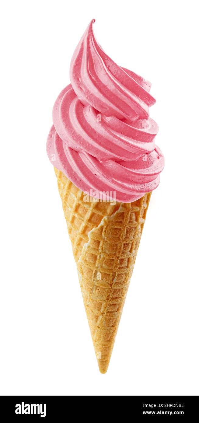 pink soft ice cream swirl in waffle cone isolated on white background ...