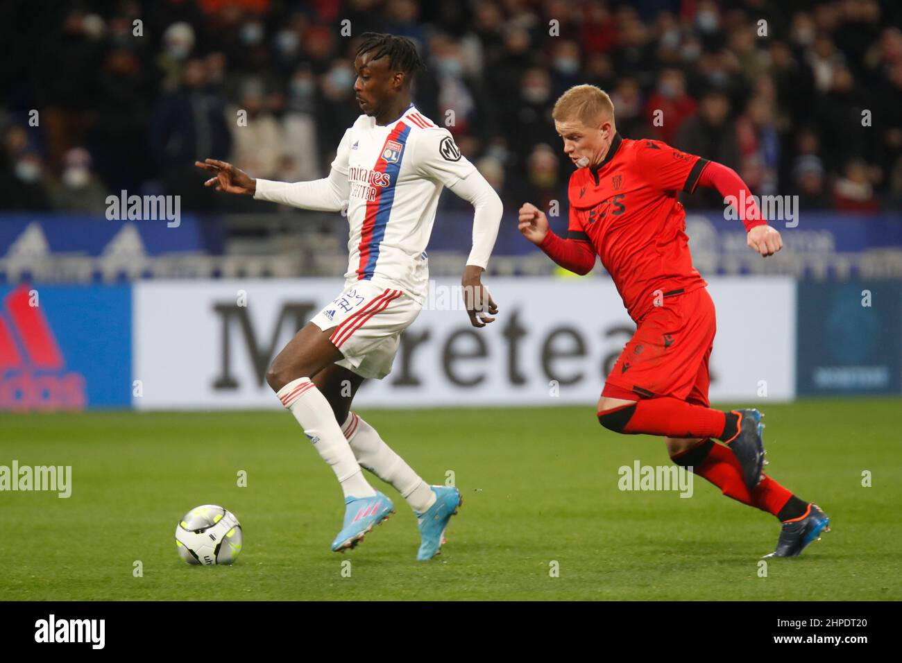 Tino KADEWERE of Lyon and Melvin BARD of Nice during the French ...