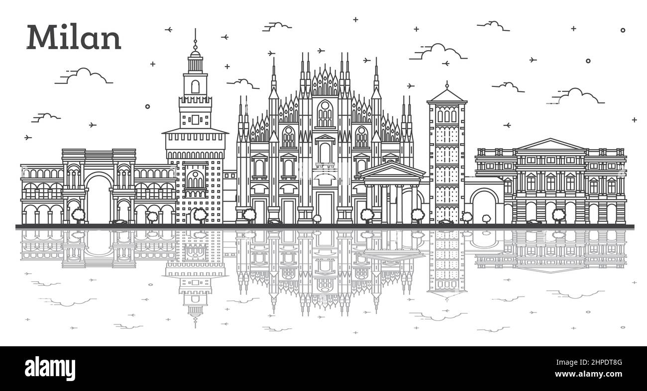 Outline Milan Italy City Skyline with Reflections and Historic Buildings Isolated on White. Vector Illustration. Milan Cityscape with Landmarks. Stock Vector