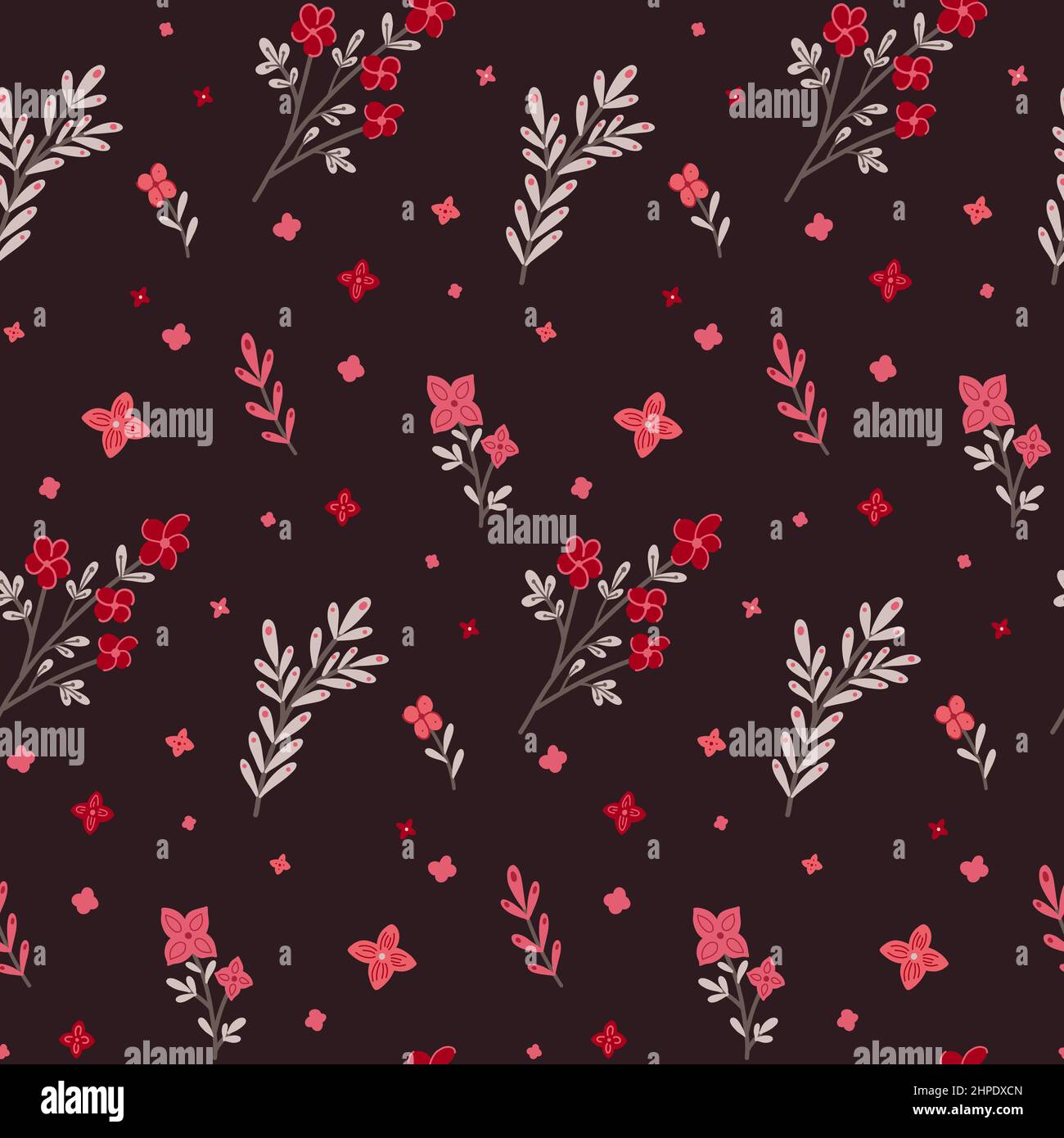Vector seamless pattern with small pink flowers and stems with foliage on dark background. Natural texture with sakura branches. Floral wallpaper. Del Stock Vector