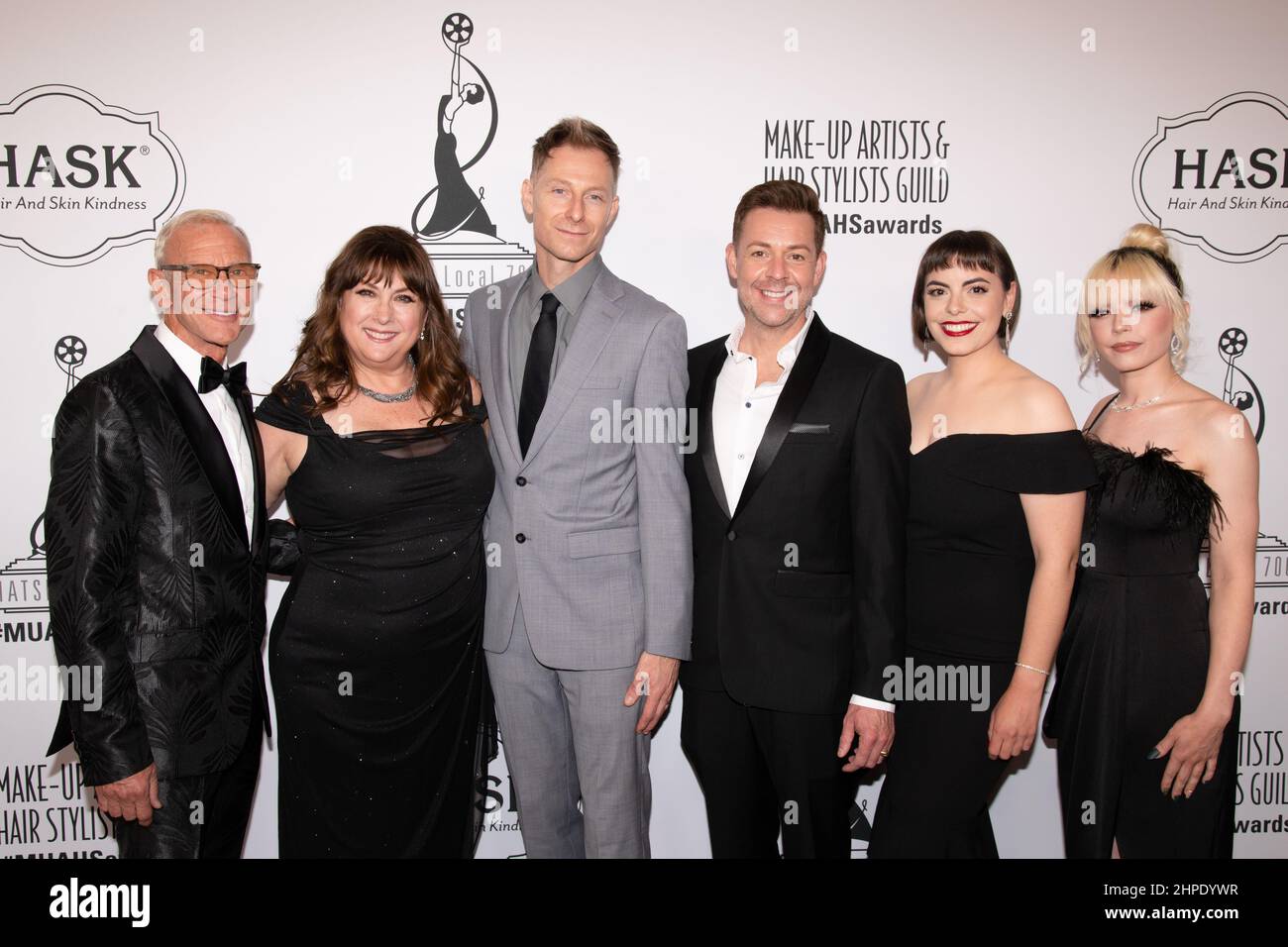 February 19, 2022, Beverly Hills, California, USA: (L-R) Michael Johnston, Julie Socash, Tyson Fountaine, Sean Conklin, Kelcey Dinernard and Nicole Goulet attned 9th Annual Make-Up Artists & Hair Stylists Guild Awards. (Credit Image: © Billy Bennight/ZUMA Press Wire) Stock Photo