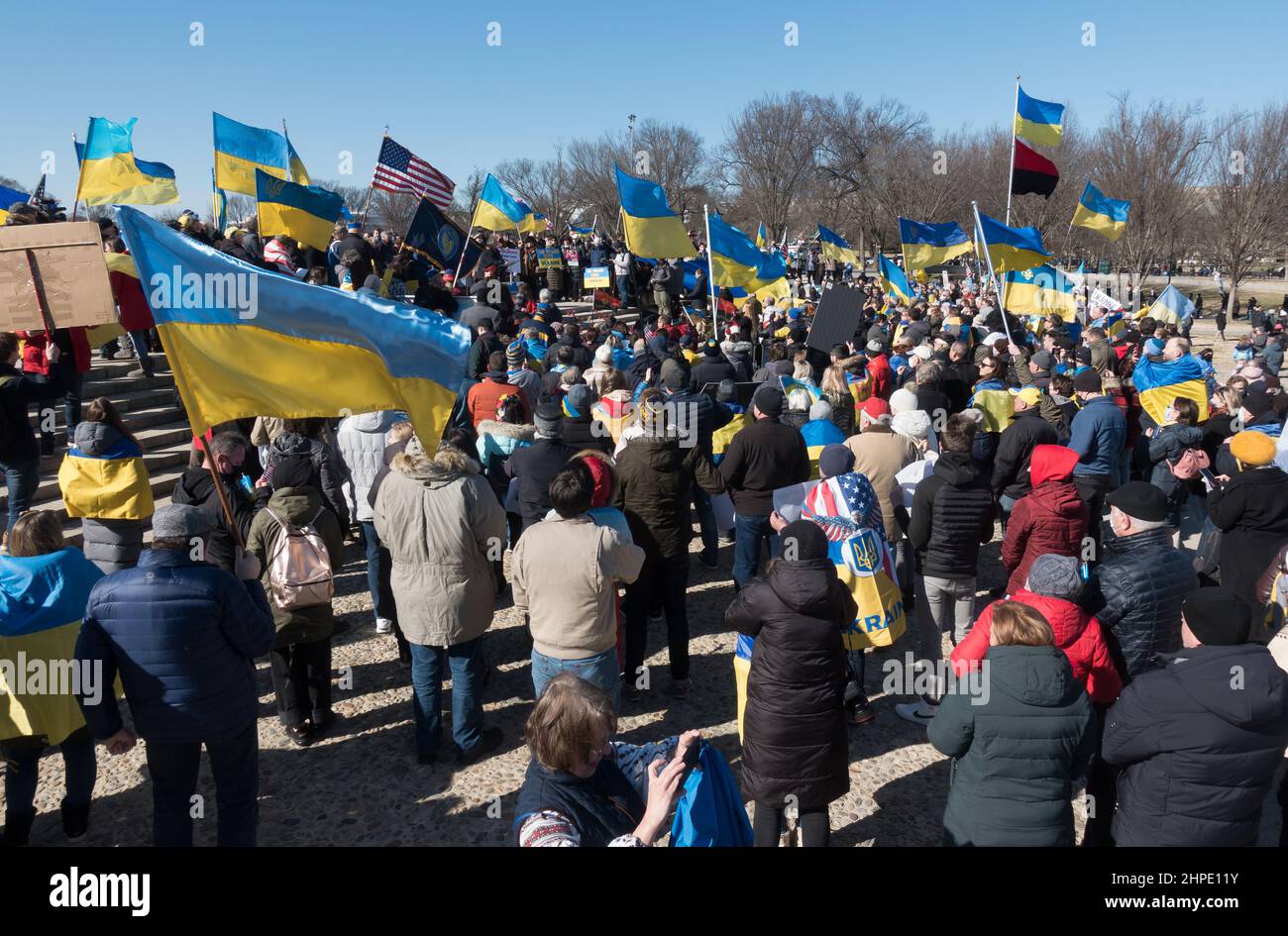 Feb. 20, 2020. Demonstrators at the Stand with Ukraine rally at the Lincoln Memorial in Washington, DC, honoring those killed during the Revolution of dignity in 2013 and 2014, and demanding an end to Russia’s aggression in Ukraine and occupation of Crimea, and also calling for President Biden to take stronger action to deter a Russian invasion of Ukraine. A march to the White House followed the rally. Stock Photo