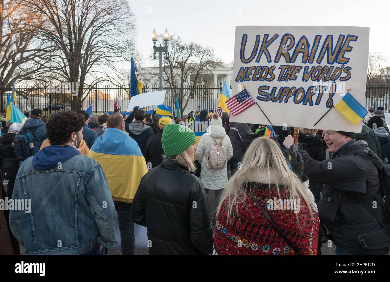 Feb. 20, 2020. Demonstrators at the Stand with Ukraine event arrive at the White House after a rally at the Lincoln Memorial, where they demanded an end to Russia’s aggression in Ukraine and occupation of Crimea, and implored President Biden to take stronger action to deter a Russian invasion of Ukraine. Stock Photo