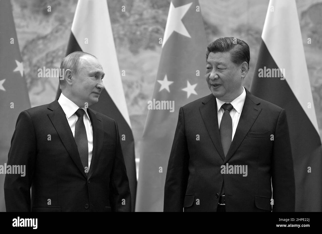 Russian President Vladimir Putin (left) meeting with President of China Xi Jinping at the opening of the Beijing 2022 Winter Olympics. Stock Photo