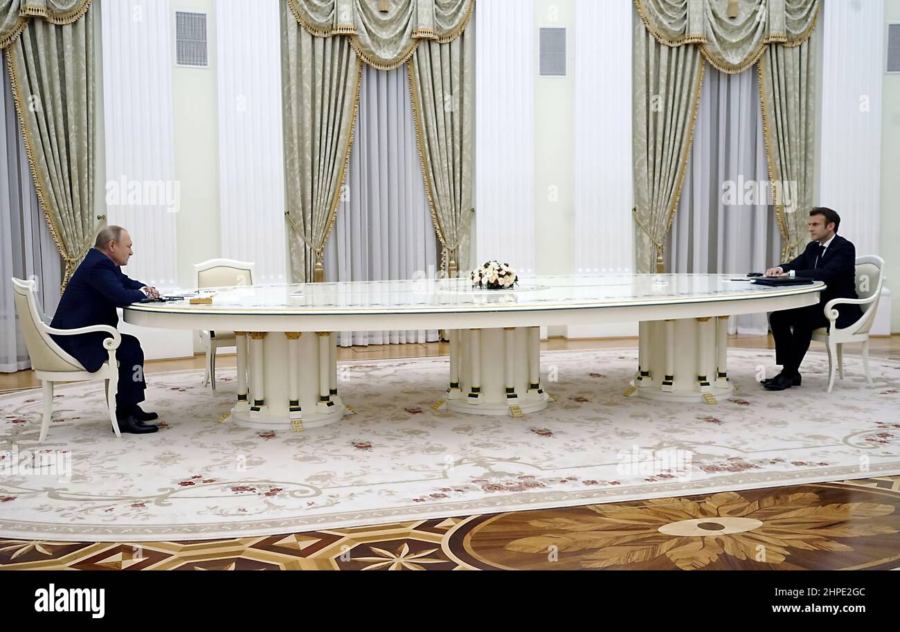 Russian President Vladimir Putin holds talks with President of France Emmanuel Macron. Stock Photo