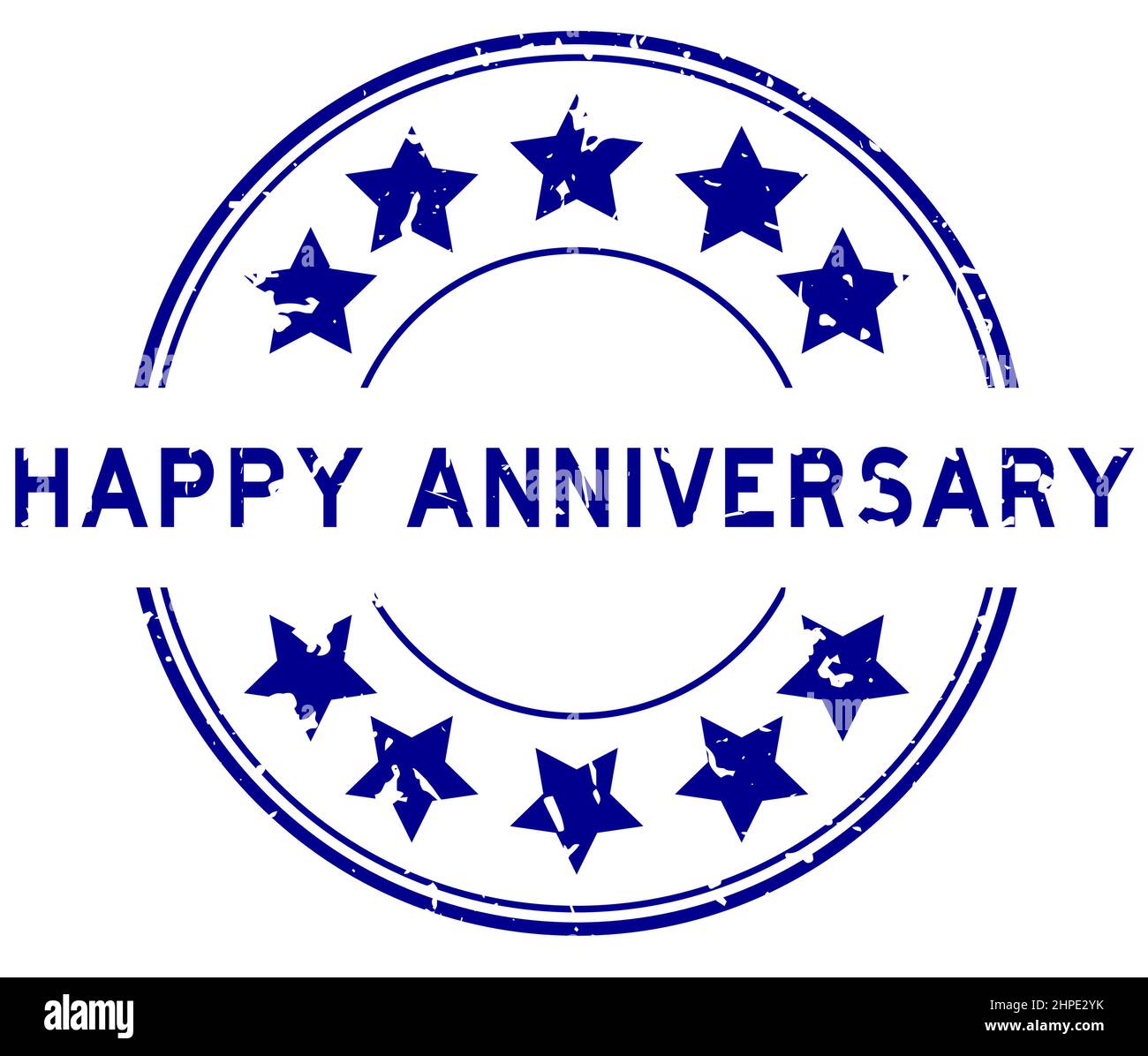 Grunge blue happy anniversary word round rubber seal stamp on white