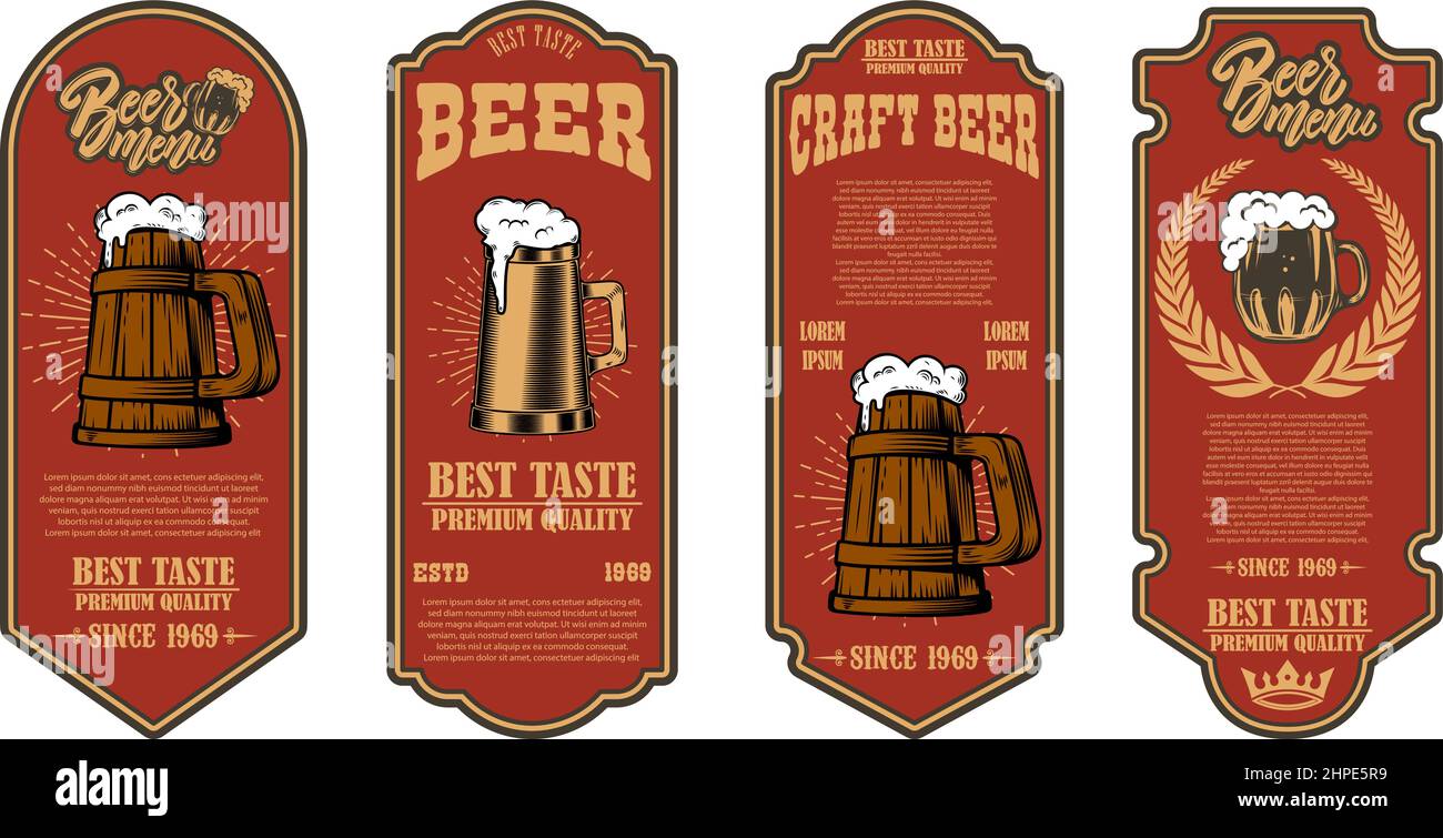 Set of beer labels with illustrations of beer mug. Vector illustration