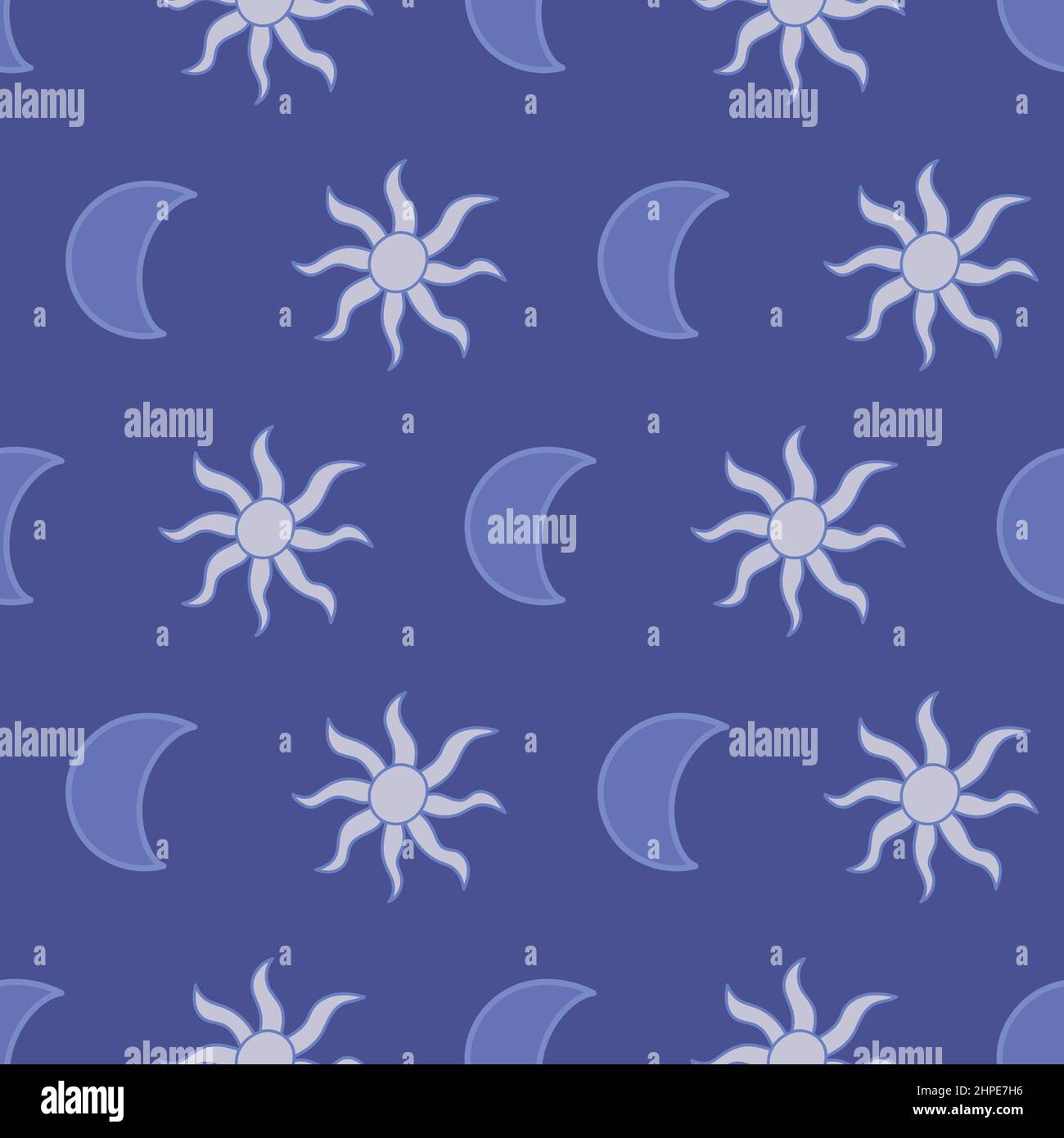 Celestial bodies seamless pattern. Hand drawn sun and moon on blue background. Stock Vector