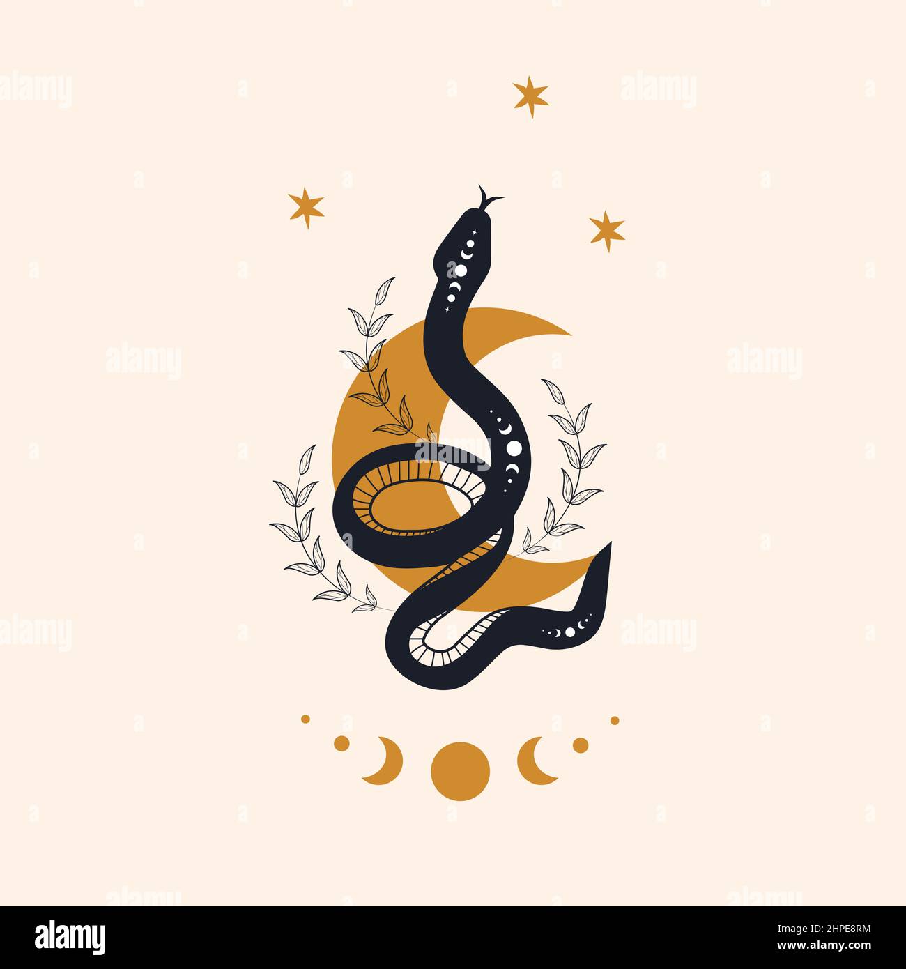 Magic snake in boho style with moon. Mystical symbol in a trendy ...