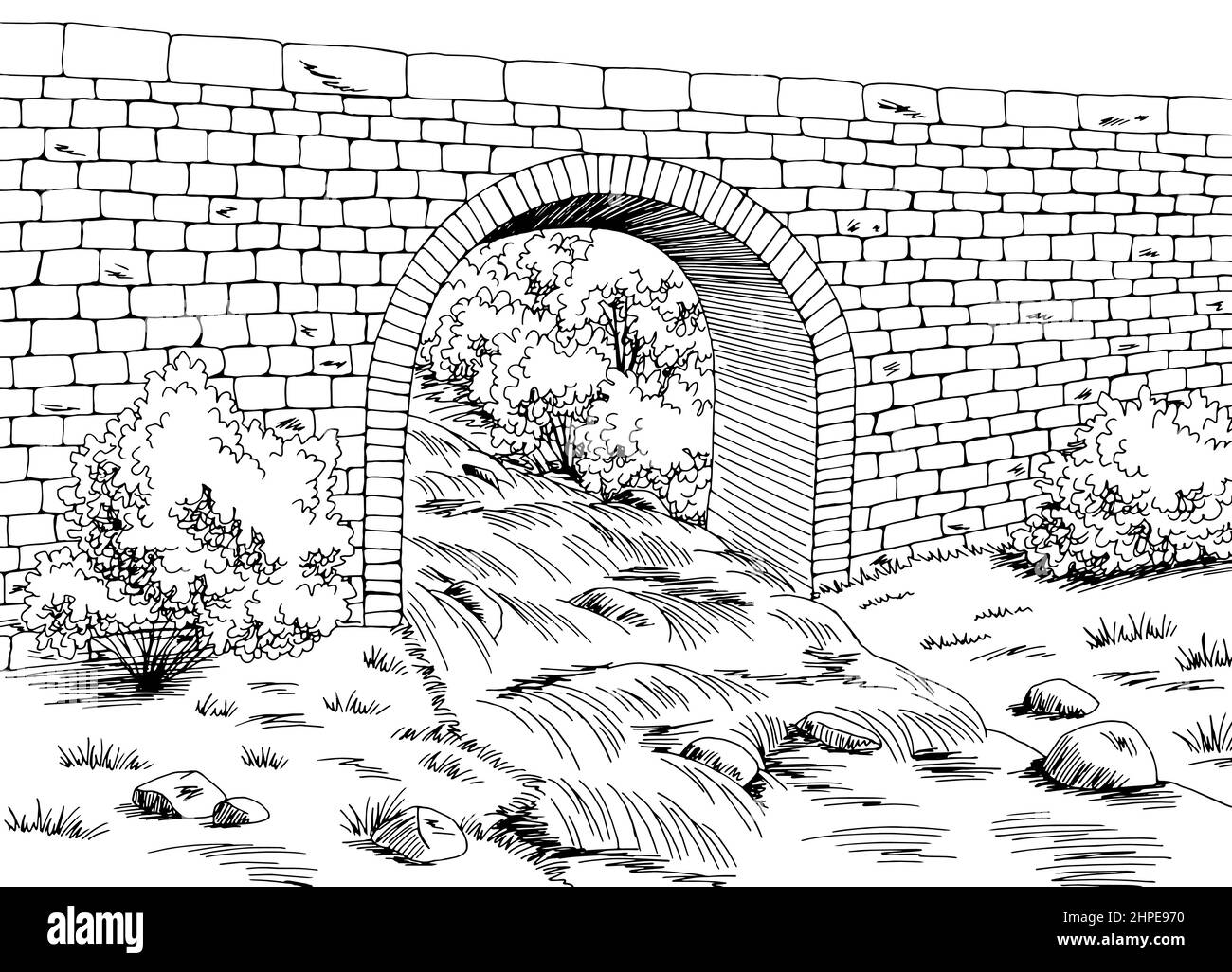 Bridge graphic river black white landscape sketch illustration vector ...