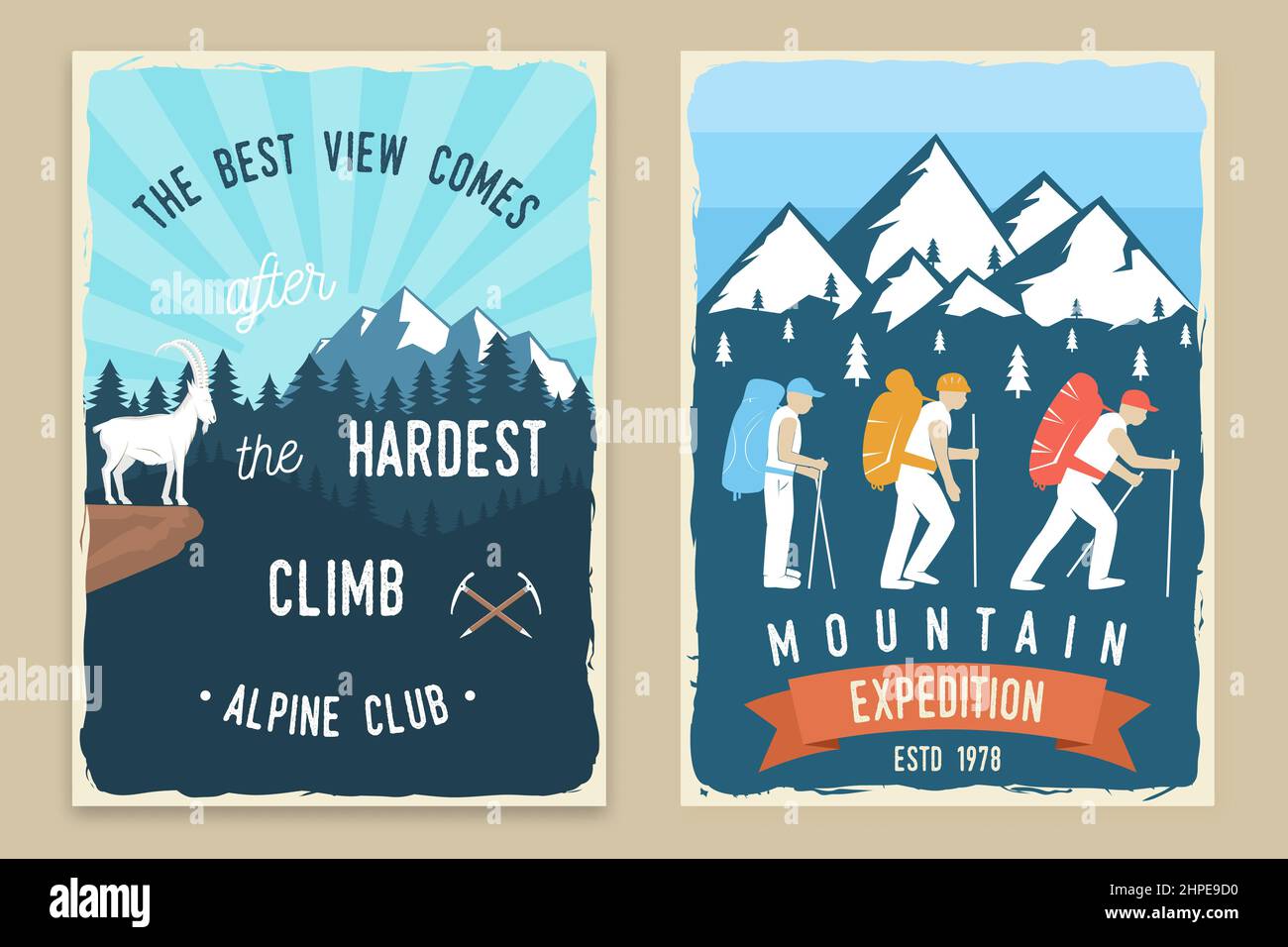 Set of mountain expedition and hiking club retro posters. Vector