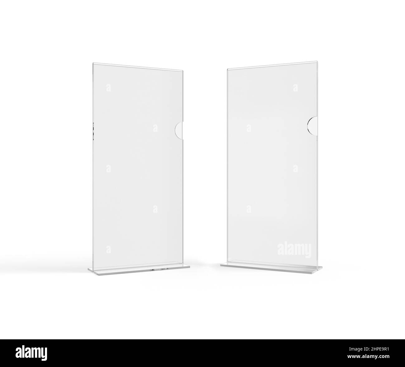 Two Clear DL flyer size clear acrylic table top talker stands isolated on a white background. 3D render Illustration Stock Photo