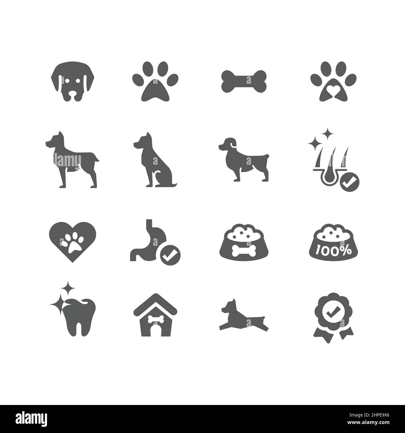 Dog black vector icon set. Paw print, dog food, bone filled icons. Stock Vector