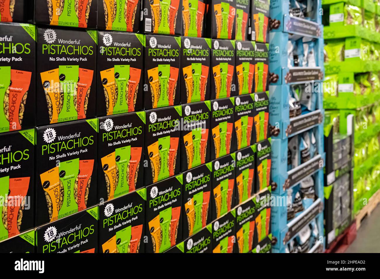 Boxes of shelled pistachios and other snacks at the Sam's Club warehouse store in Snellville, Georgia, just east of Atlanta. (USA) Stock Photo
