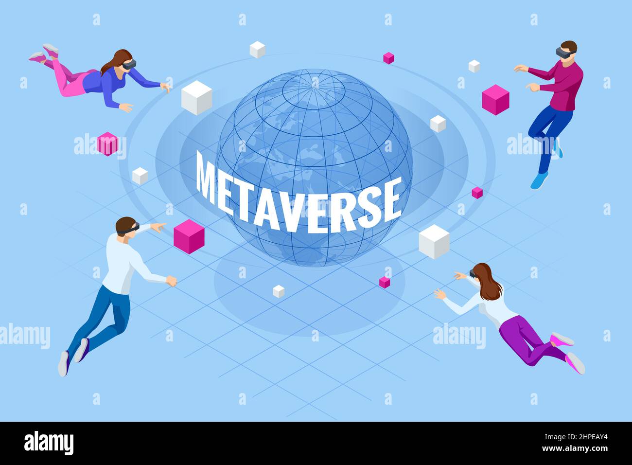 Isometric metaverse concept. Network of 3D virtual worlds focused on social connection. Internet 