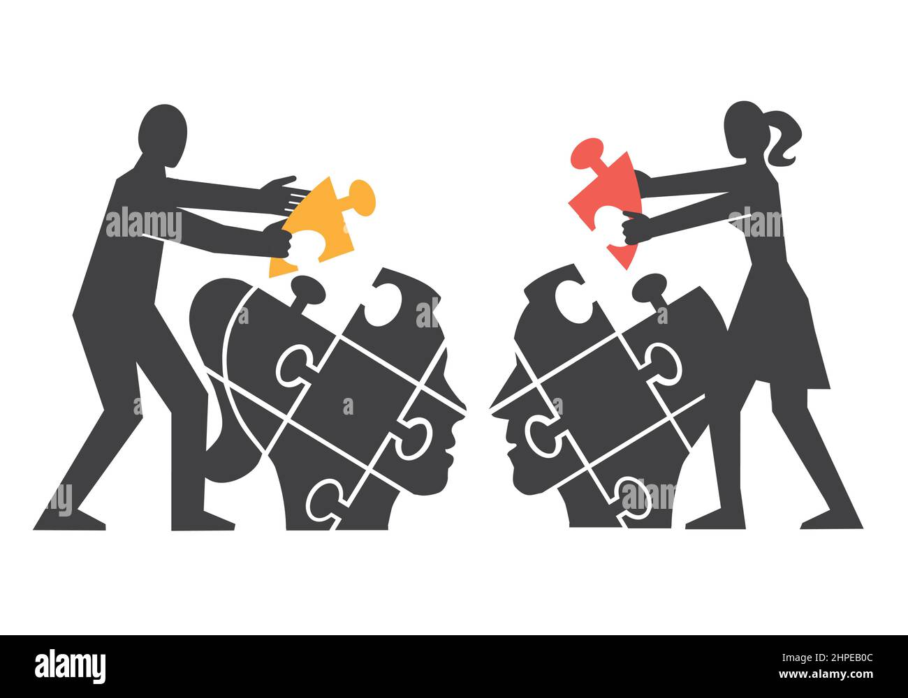 : Couple,Mutual understanding and dialog, puzzle concept. Illustration of couple assembling a puzzle of partner's head. Stock Vector