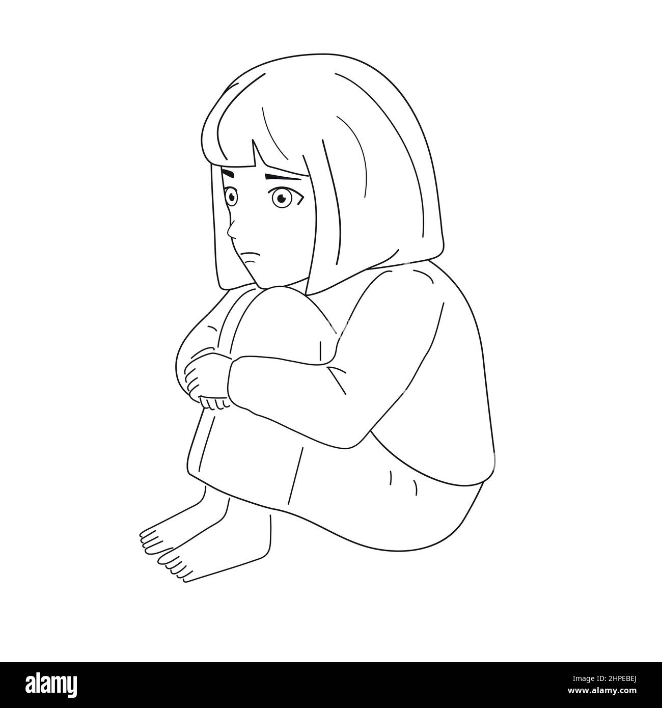Black and white image. Frightened, depressed, sad girl looks lonely. Vector  illustration of a helpless, frightened child. Anxiety and fear. White back  Stock Vector Image \u0026 Art - Alamy, image size:1300x1390
