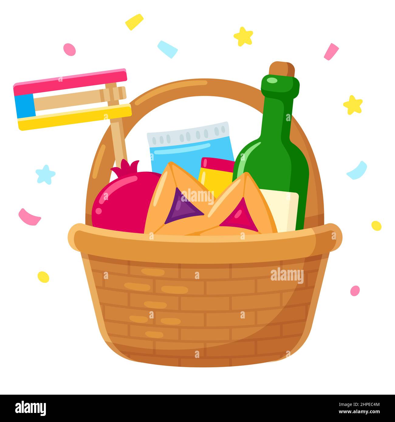 Mishloach Manot, Purim gift basket with Hamantashen, wine bottle and gragger. Jewish holiday tradition. Cute cartoon style vector illustration. Stock Vector
