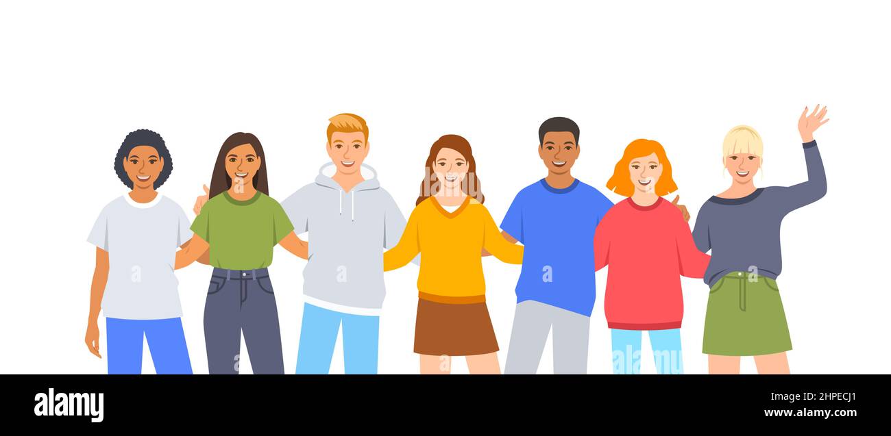 Happy diverse young people, girls and boys stand together and hug each other. Best friends having fun together. Adult students social life. Flat carto Stock Vector