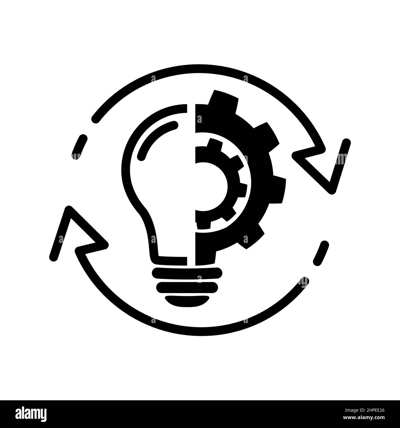 Ideas and process icon in flat style. Implementation concept. Light bulb with gear and arrows icon. Creative cycle symbol isolated on white. Vector il Stock Vector