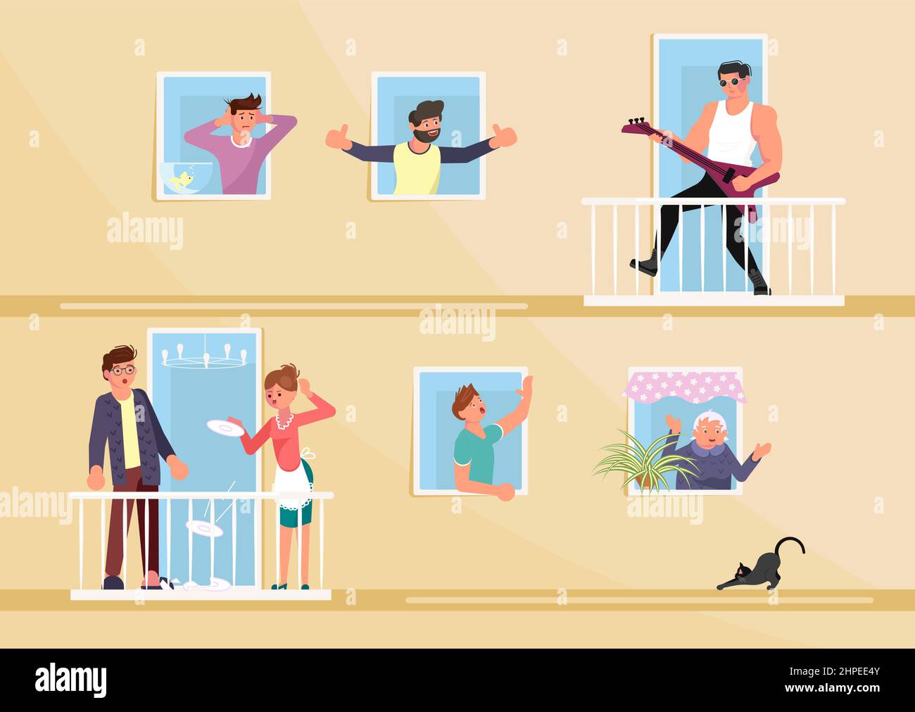 Men and women neighbours characters living in neighboring home