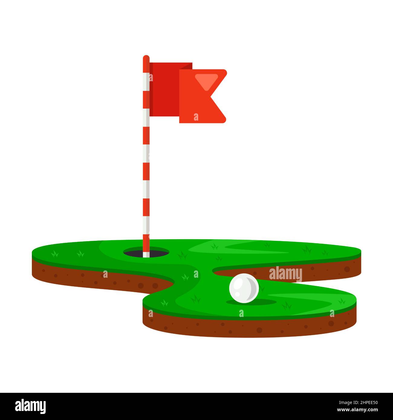 hole and golf ball on a green lawn. flat vector illustration. Stock Vector