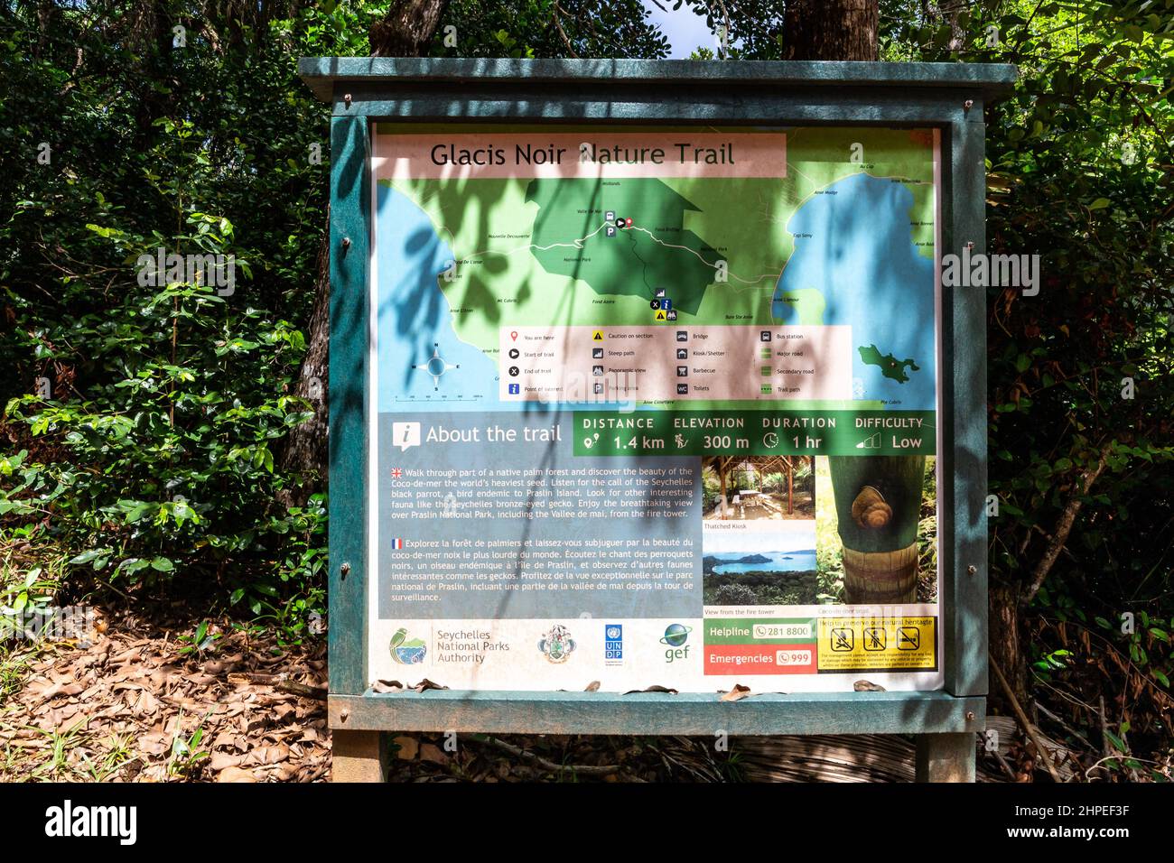 Praslin, Seychelles, 01.05.2021. Glacis Noir Nature Trail tourist information board at the start of the trail, leading to Mont Azore, Praslin. Stock Photo