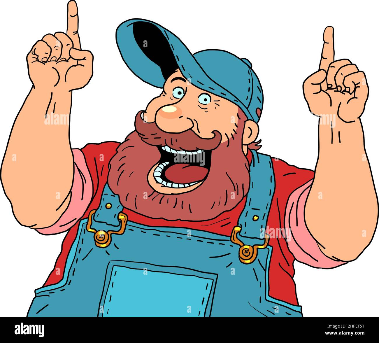 A joyful bearded worker points with his finger. Advertising and announcement background Stock Vector
