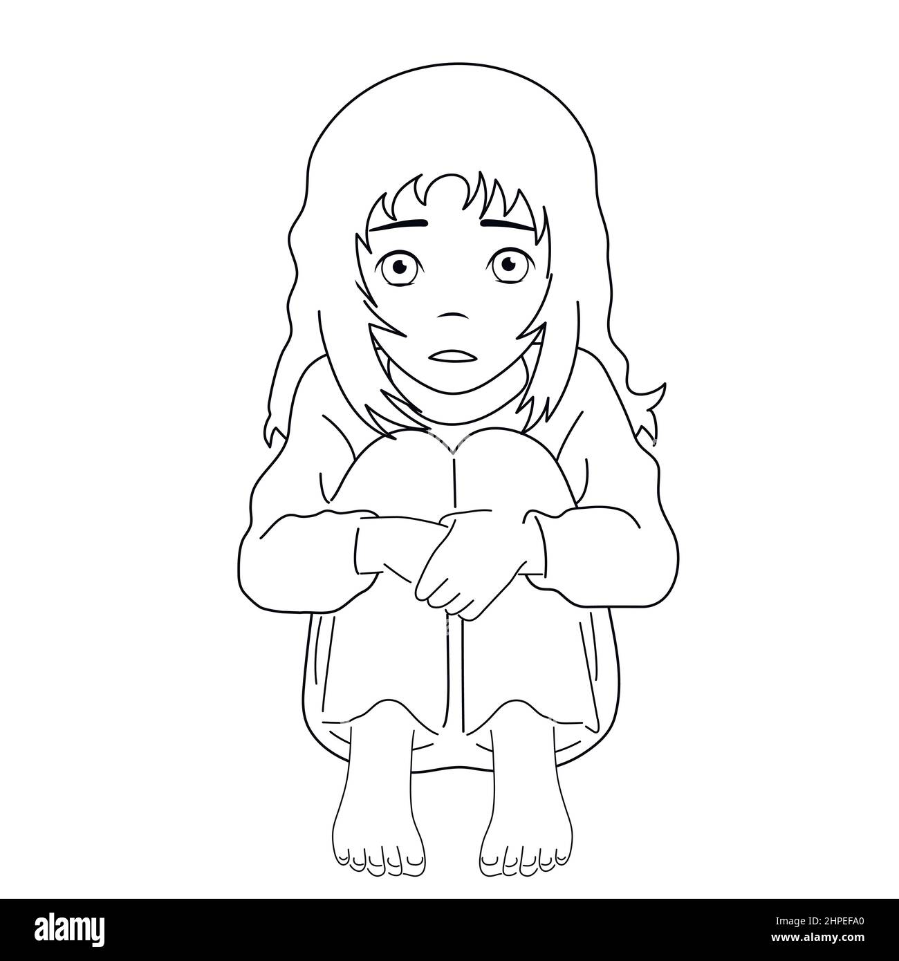 Black and white image. Frightened, depressed, sad girl looks lonely. Vector illustration of a helpless, frightened child. Anxiety and fear. White back Stock Vector