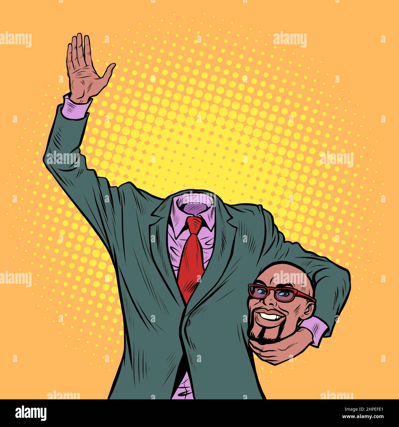 An African American man without a head. Strange politician businessman with glasses, smile happiness Stock Vector