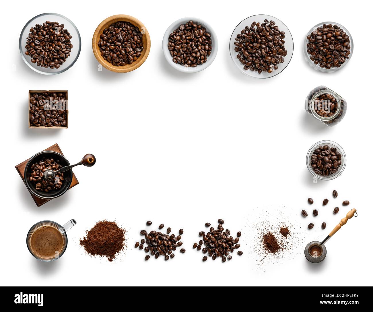Coffee and accessories top view on white background Stock Photo - Alamy