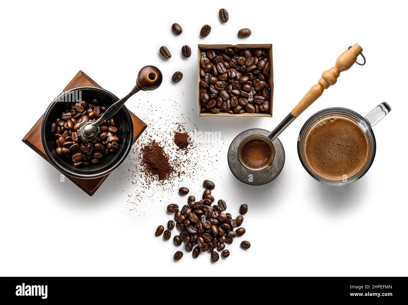 Coffee and accessories top view on white background Stock Photo - Alamy