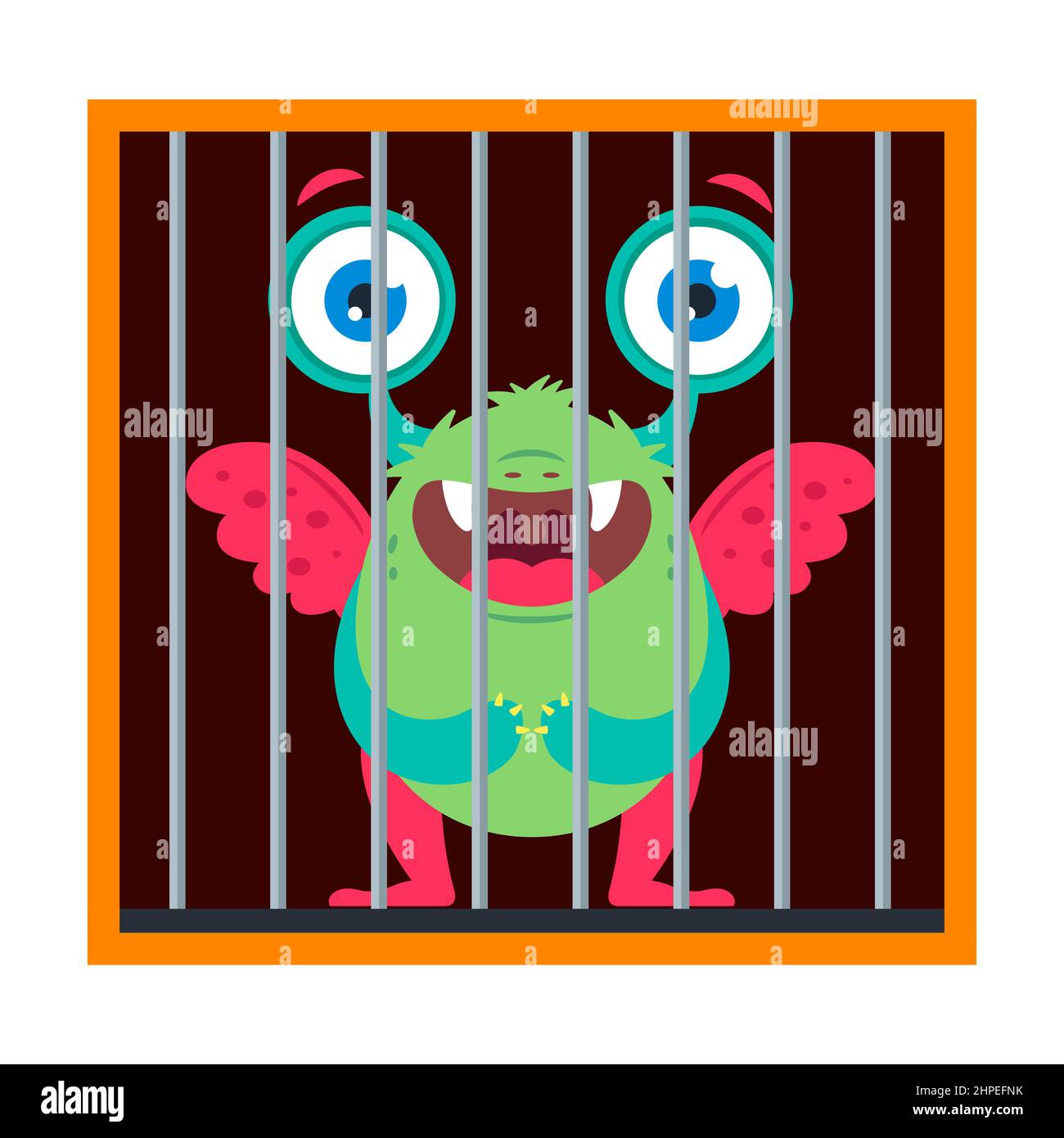 the monster is trapped. cage a cute creature. flat vector illustration isolated on white background. Stock Vector