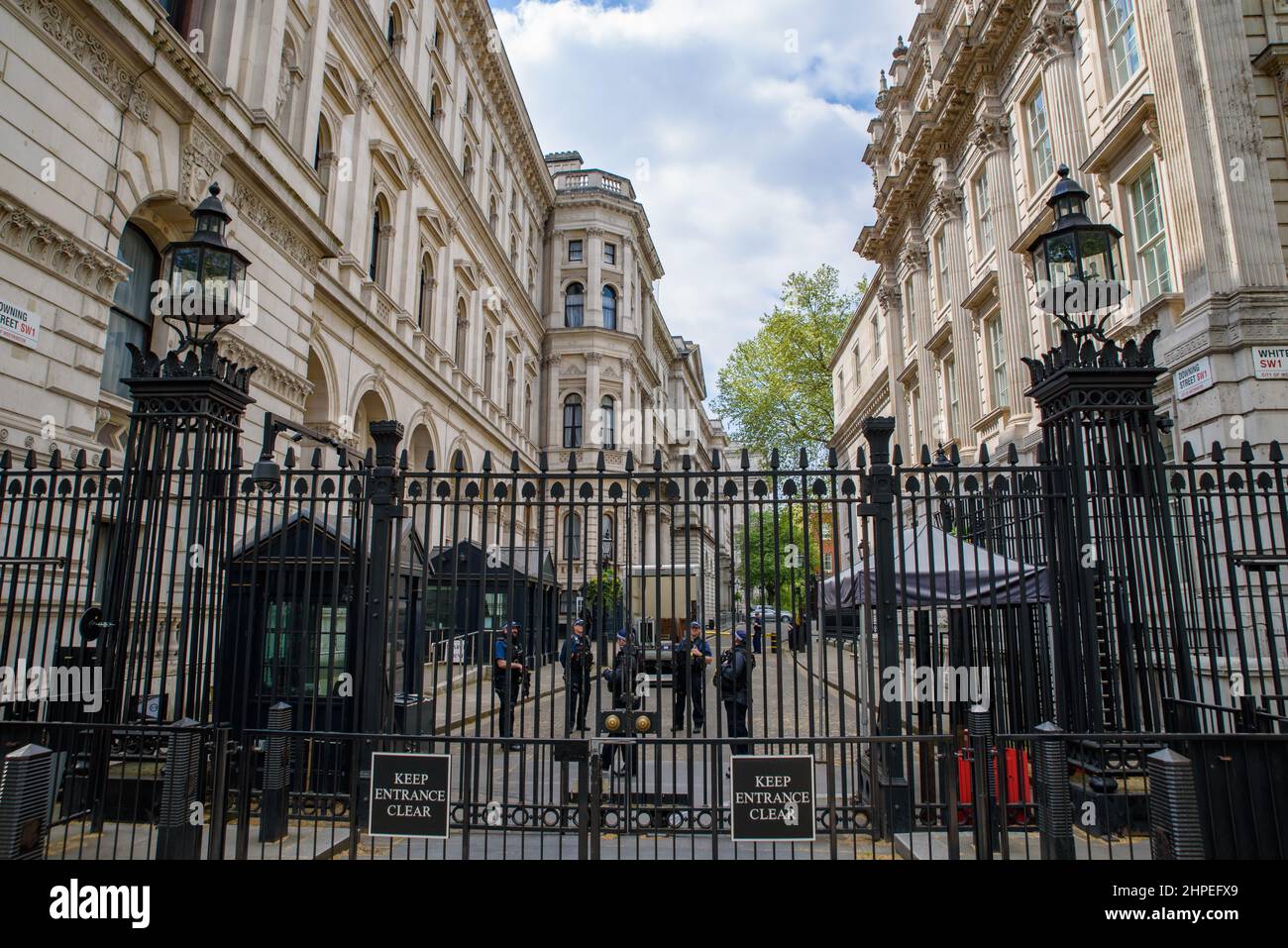 Downing Street, where the office of British Prime Minister is located, in London, United Kingdom Stock Photo