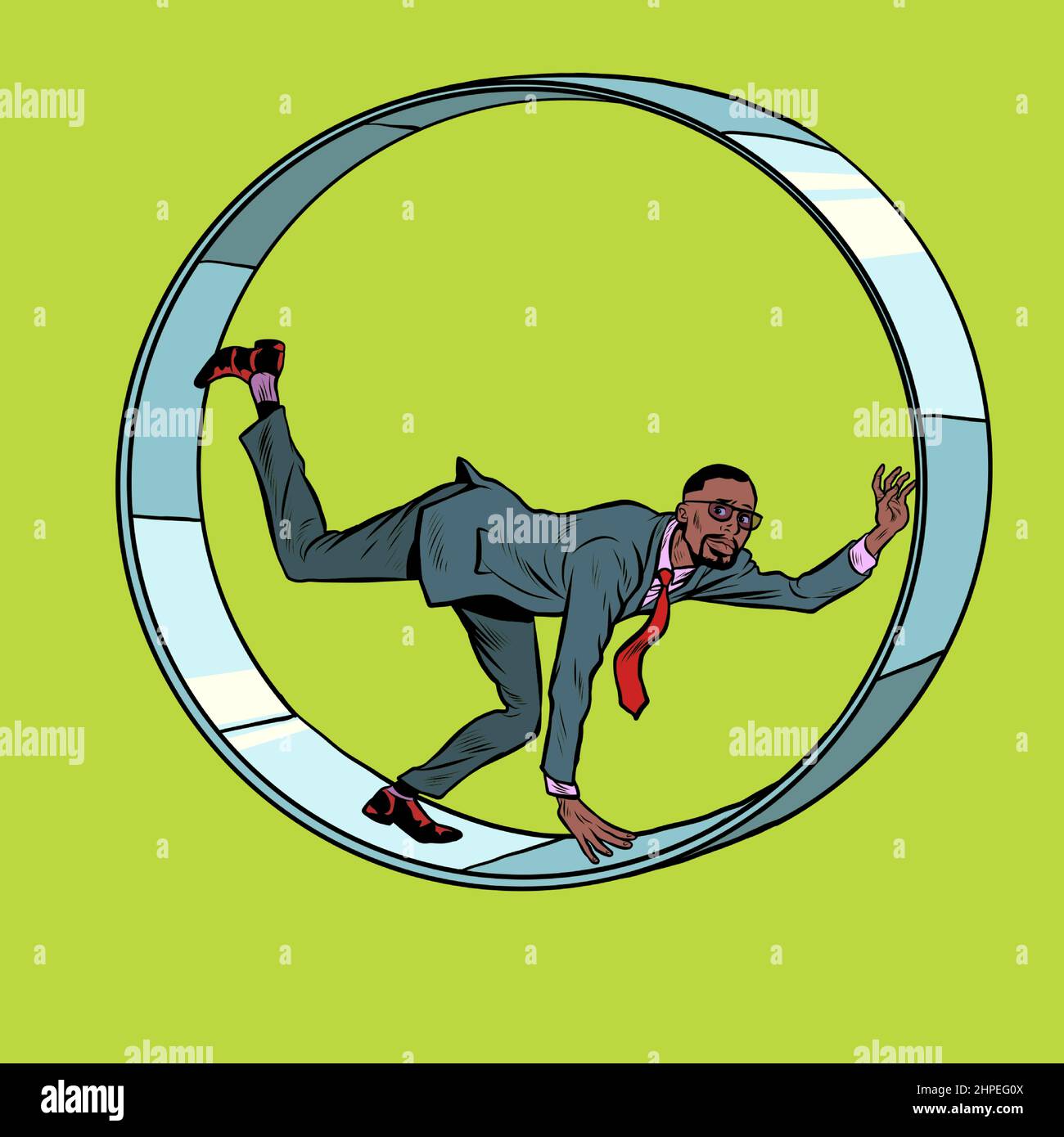 african businessman in a squirrel wheel. Routine monotonous work. A man in captivity of his affairs Stock Vector