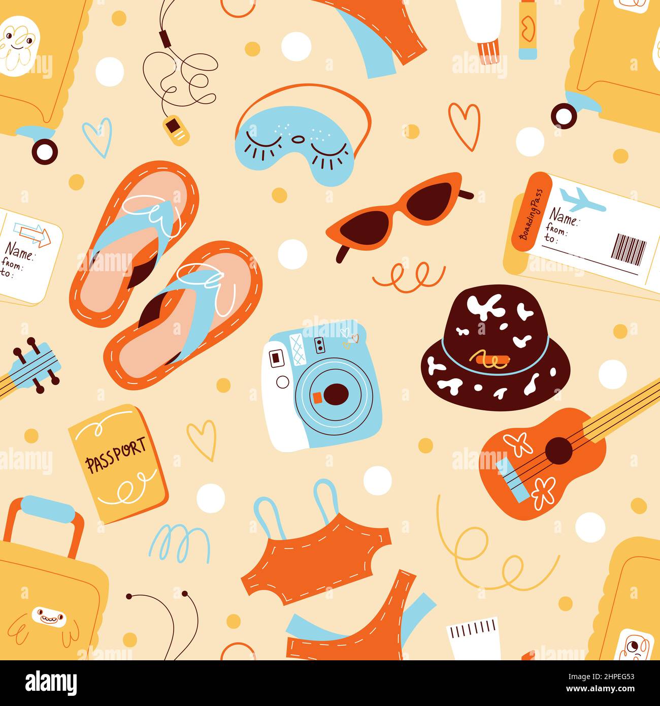 Summer travel accessories seamless pattern. Tourism and journey, beach  holidays elements, luggage, documents and tickets. Summertime background.  Decor Stock Vector Image & Art