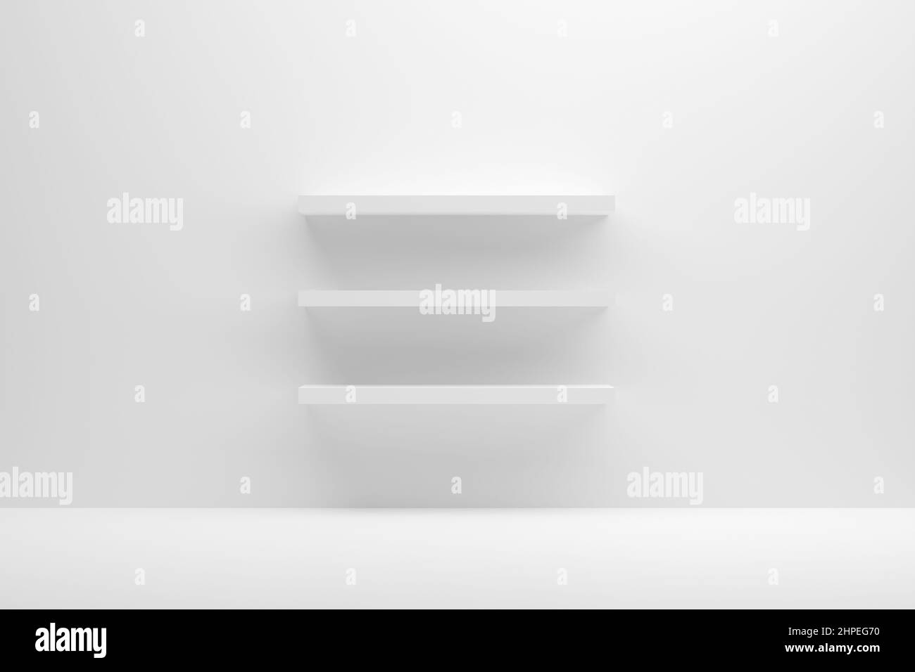 Front view of empty white shelves mounted on a white wall. Backdrop shelf for product display. 3D render. Stock Photo